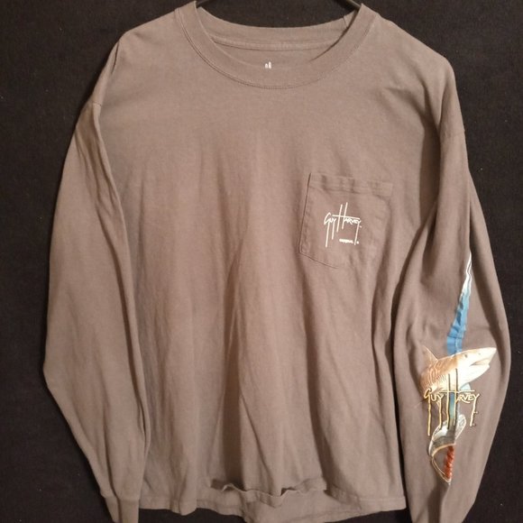 GUY HARVEY PIRATES W SHARKS SCENE GREY LONG SLEEVE T SHIRT SZ L - Picture 1 of 7
